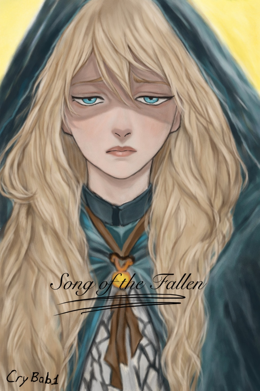 1girl, blonde_hair, blue_cloak, cassie_(shadow_slave), cloak, commentary, crybab1, english_commentary, facing_viewer, highres, hood, hood_up, hooded_cloak, light_frown, long_hair, looking_at_viewer, neck_ribbon, partially_shaded_face, ribbon, shadow_slave, solo, straight-on, upper_body, wavy_hair