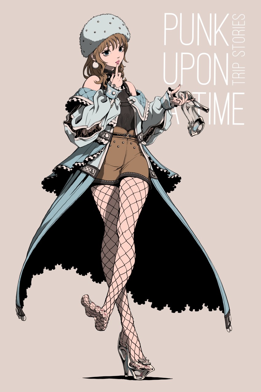 1girl, absurdres, blue_coat, blue_eyes, brown_background, brown_hair, brown_shorts, cinderella_(fairy_tale)