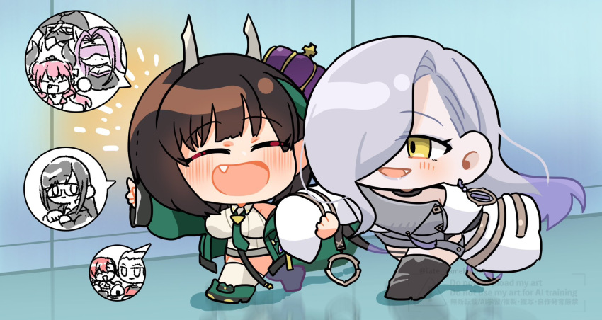2girls, archer_(fate), asclepius_(fate), asclepius_(first_ascension)_(fate), biscione_(fate), biscione_(second_ascension)_(fate), boots, boudica_(fate)
