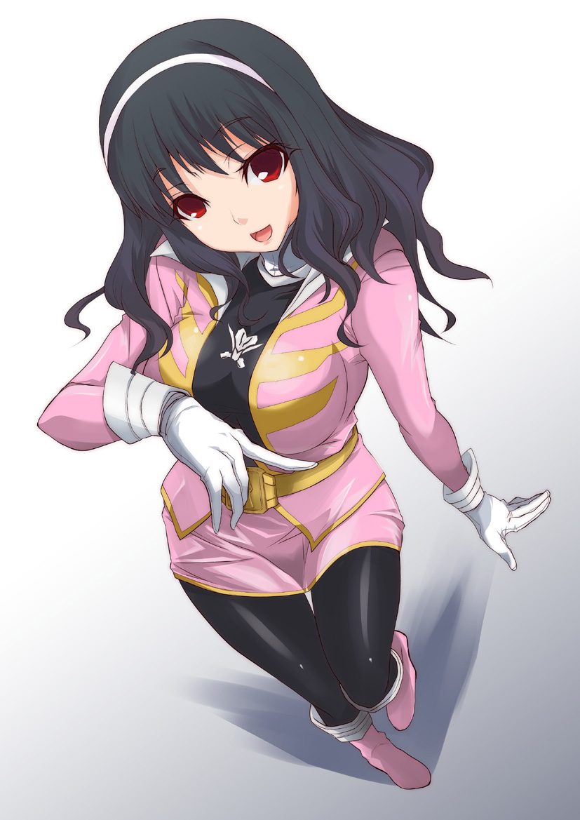 1girl, ahim_de_famille, black_hair, black_legwear, female, foreshortening, gloves, gokai_pink