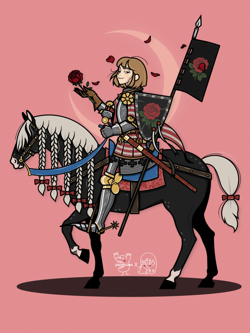 1girl, absurdres, armor, black_horse, bow, braided_mane, brown_gloves, brown_hair, commentary, crescent_moon, english_commentary, falling_petals, flag, floral_print, flower, gloves, highres, holding, holding_flower, horse_tail, horseback_riding, knight, looking_at_viewer, looking_to_the_side, mane_bow, mcpls3mcpls, medium_hair, moon, original, petals, pink_background, polearm, red_bow, red_flower, red_rose, riding, rose, rose_print, saddle, shadow, shield, simple_background, smile, smug, solo, spear, spurs, stirrups_(riding), tail, tail_bow, tail_ornament, weapon, white_mane