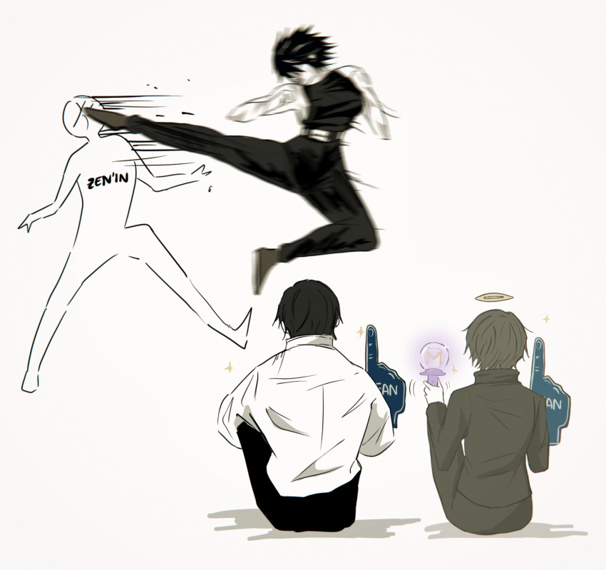 1boy, 1other, 2girls, boots, commentary, english_commentary, flying_kick, foam_finger, halo, highres, jujutsu_kaisen, kicking, motion_blur, motion_lines, multiple_girls, okkotsu_yuuta, short_hair, simple_background, sitting, sparkle, speed_lines, tank_top, tokaritoo, zen'in_mai, zen'in_maki