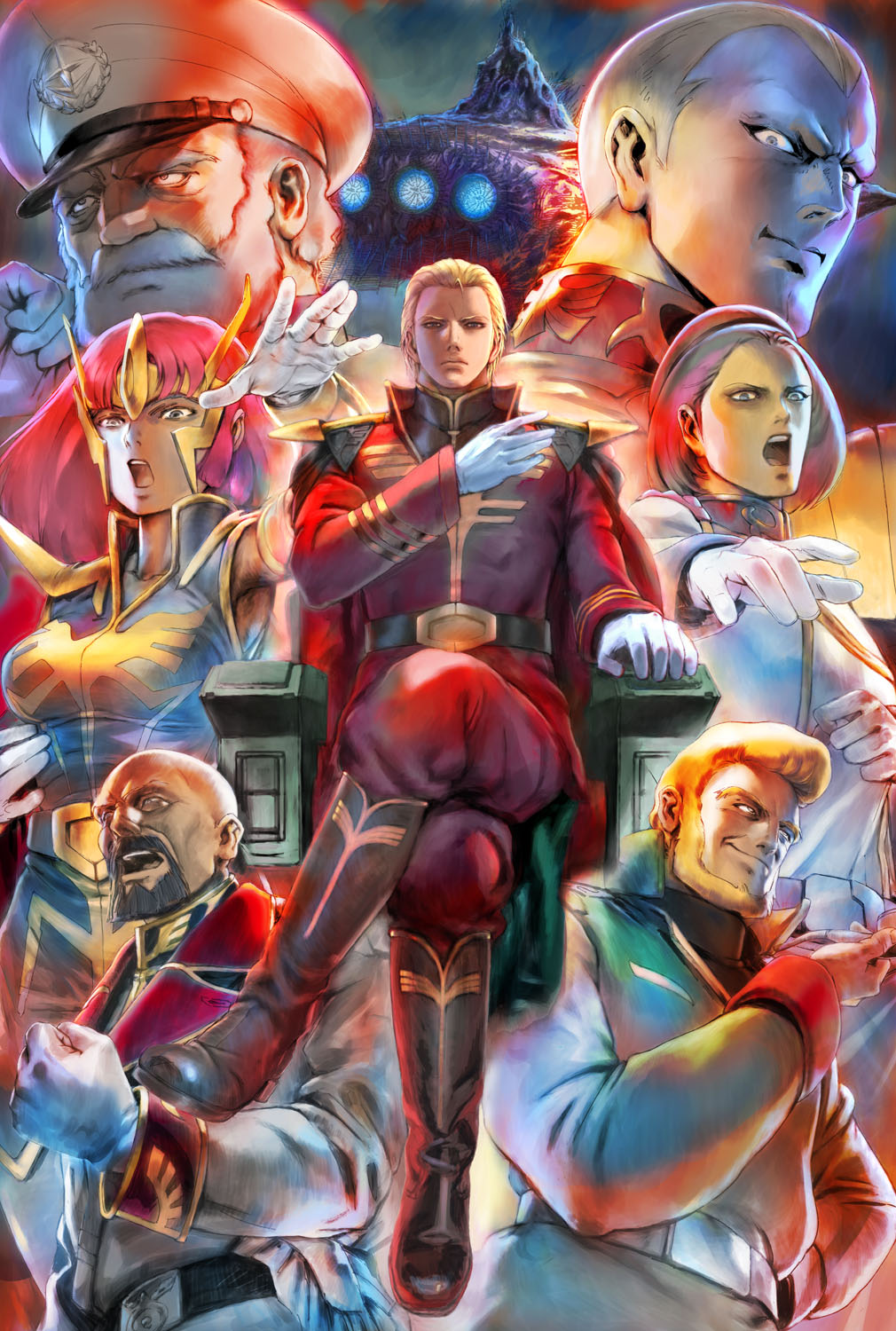 akiman, axis_(gundam), bald, beard, blex_forer, blonde_hair, chair, char's_counterattack, char_aznable, everyone, facial_hair, general_revil, gihren_zabi, gloves, gundam, gundam_0083, gundam_gihren_no_yabou, gundam_zz, haman_karn, hat, highres, mobile_suit_gundam, official_art, paptimus_scirocco, peaked_cap, red_hair, redhead, sitting, tiara, yasuda_akira, zeta_gundam