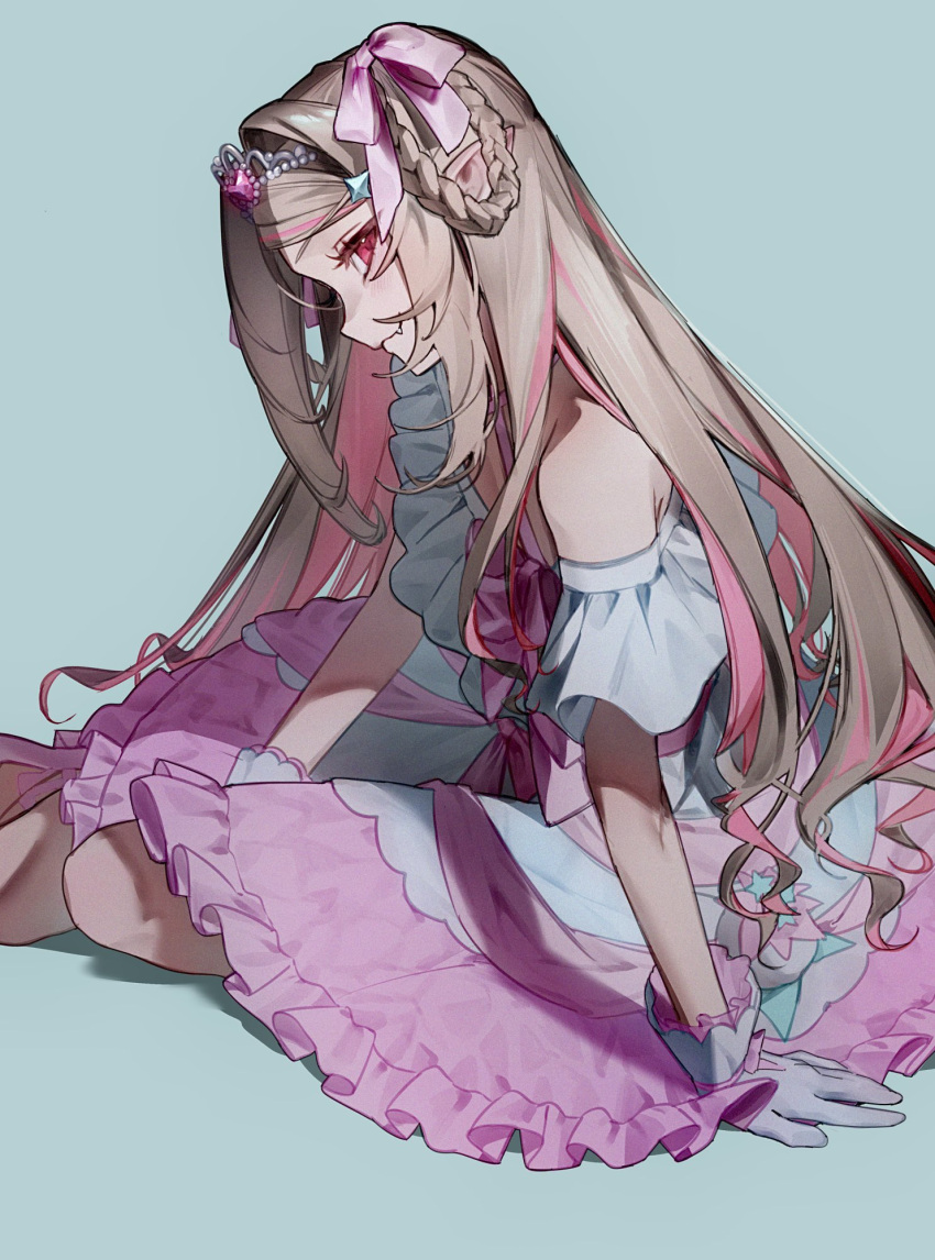1girl, bare_shoulders, blue_background, blush, bow, braid, braided_hair_rings, closed_mouth