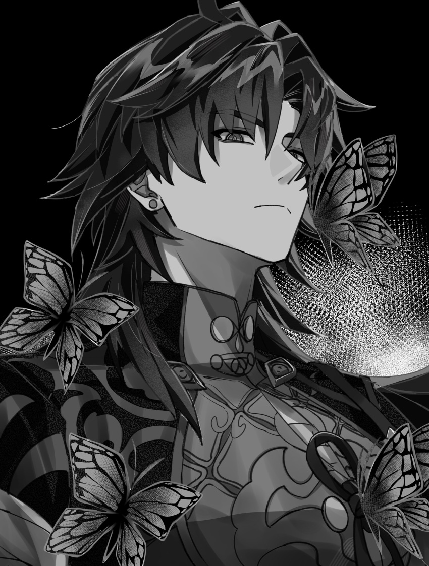 1boy, absurdres, animal, blade_(honkai:_star_rail), bug, butterfly, closed_mouth, commentary_request