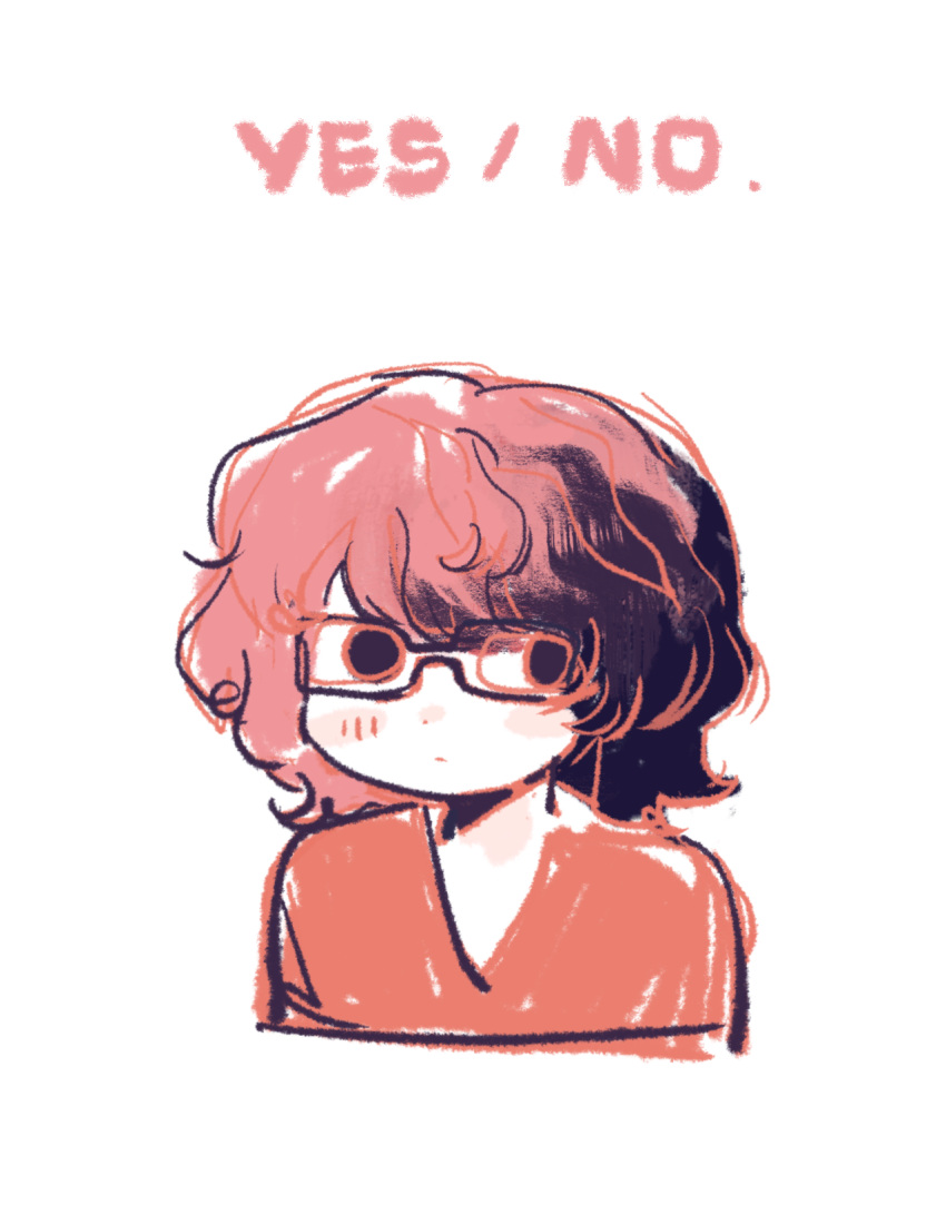 1boy, androgynous, black-framed_eyewear, black_eyes, black_hair, blush, cocobolo64588, cropped_torso, devon_erickson, dot_nose, english_text, expressionless, glasses, highres, male_focus, multicolored_hair, no_pupils, pale_skin, pink_hair, real_life, rectangular_eyewear, red_shirt, shirt, short_hair, simple_background, solo, split-color_hair, two-tone_hair, v-neck, white_background