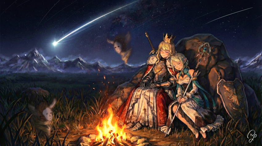 2girls, absurdres, alice_(wizardry), armor, bare_shoulders, blonde_hair, breasts, cleavage_cutout