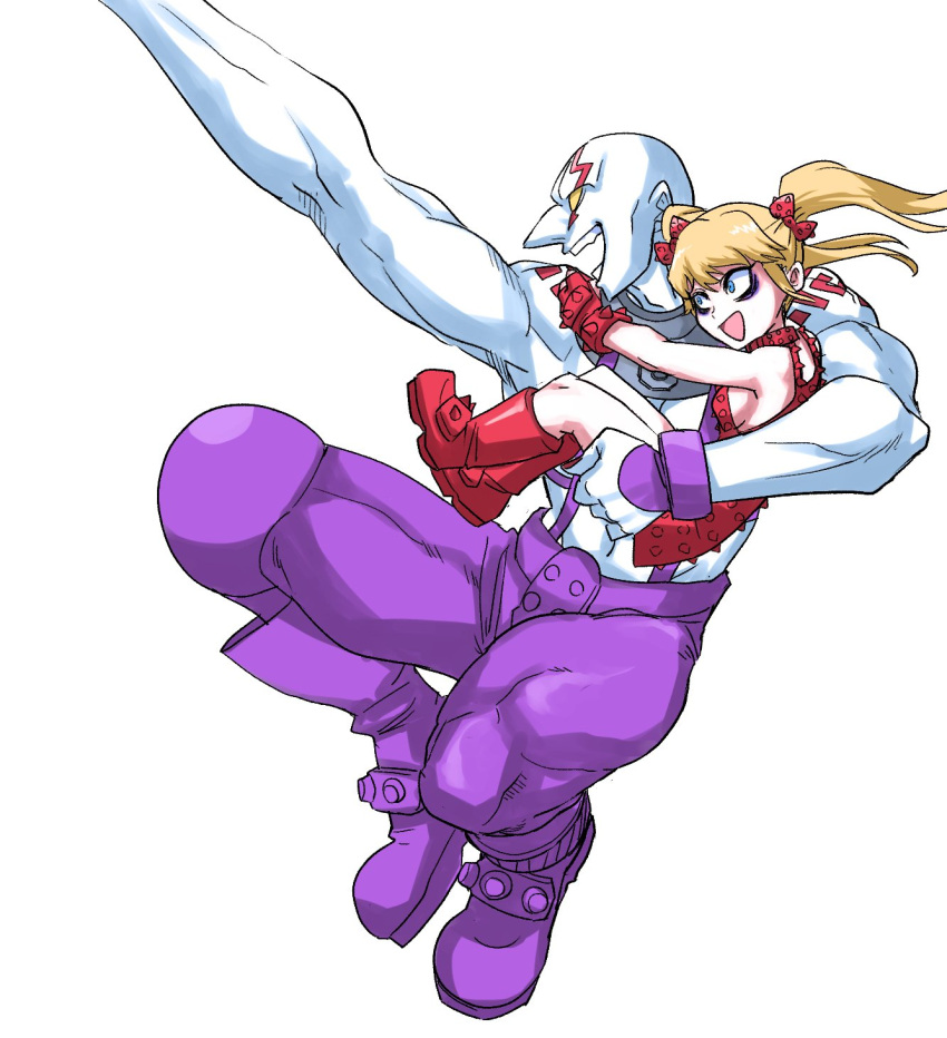 1boy, 1girl, bags_under_eyes, belt_collar, blonde_hair, blue_eyes, boots, bow