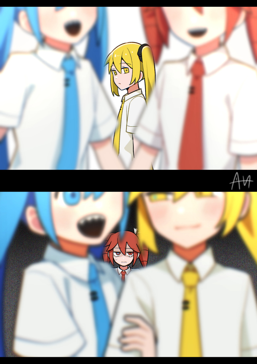 akita_neru, baumkuchen_endroll_(vocaloid), blonde_hair, blue_eyes, blue_hair, blue_necktie, blurry, blurry_foreground