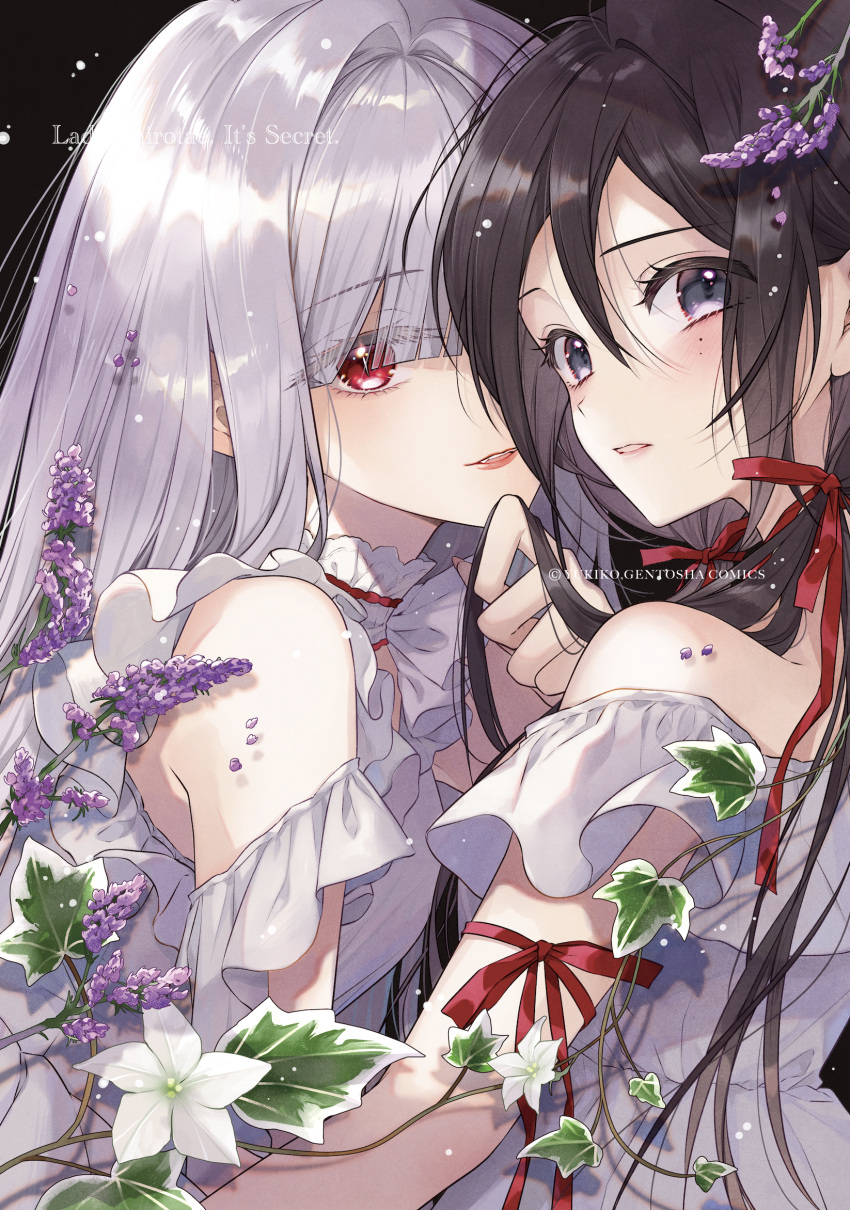 2girls, arm_ribbon, bare_shoulders, brown_hair, clip_studio_paint_(medium), commentary_request, dress, flower, grey_hair, hair_ribbon, highres, ivy, long_hair, looking_at_viewer, multiple_girls, official_art, original, partial_commentary, purple_flower, red_eyes, red_ribbon, ribbon, statice, watermark, white_dress, white_flower, yukiko_(tesseract), yuri