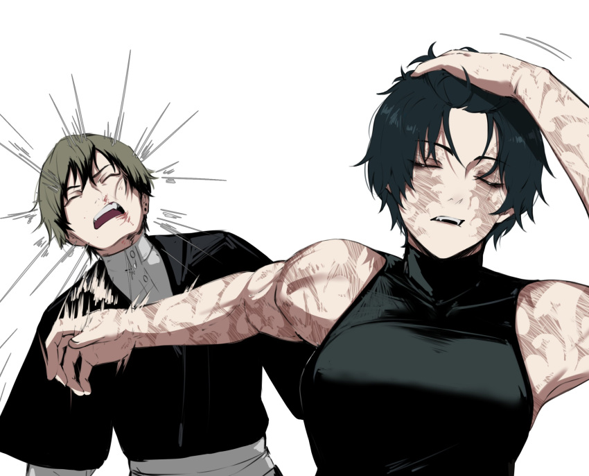 1boy, 1girl, adjusting_hair, black_hair, blonde_hair, burn_scar, commentary, english_commentary