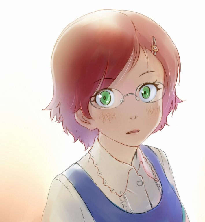 blush, brown_hair, chounan, eyelashes, glasses, godou_tsugumi, green_eyes, hair_ornament