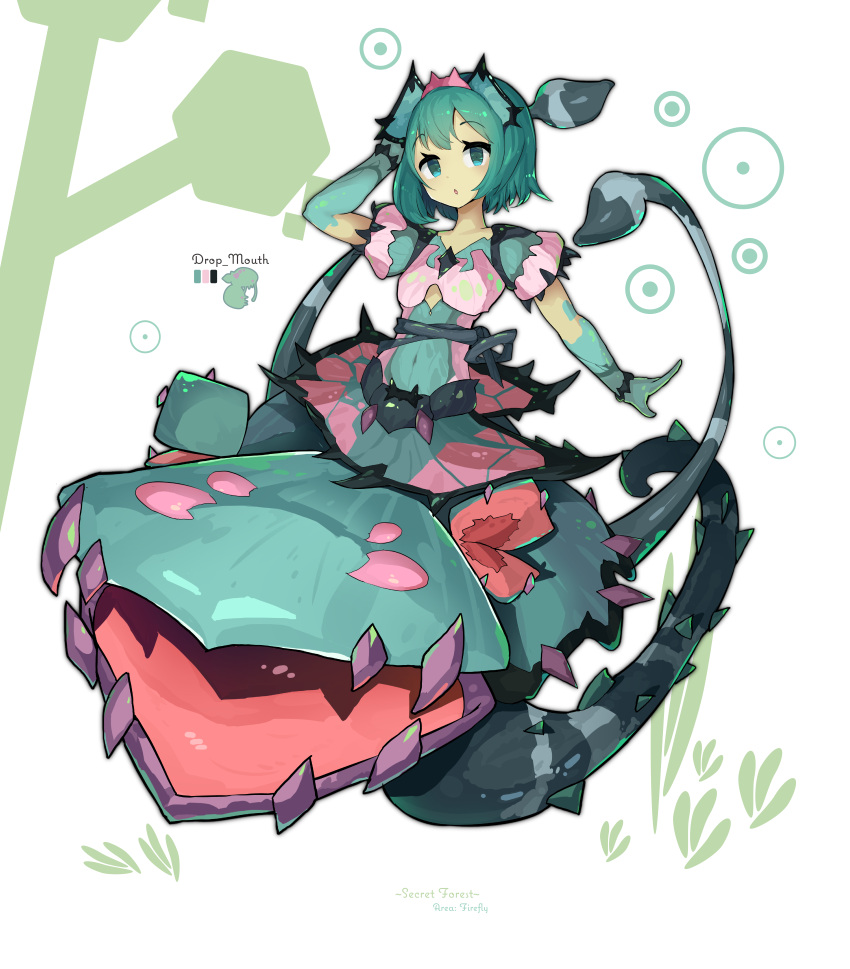 1girl, :o, absurdres, alraune, blush, circle, clothing_cutout, color_guide