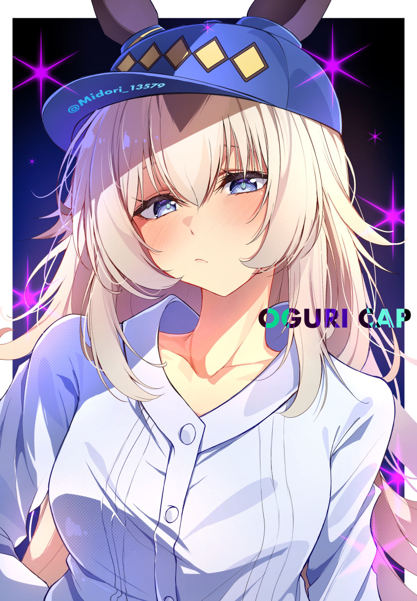 1girl, absurdres, animal_ears, baseball_cap, blue_eyes, blush, breasts, character_name