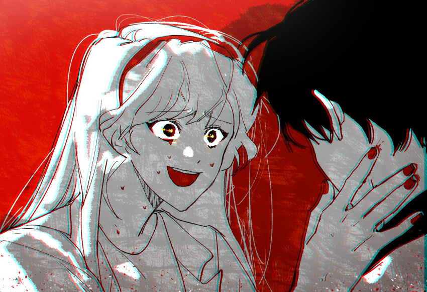1boy, 1girl, ayin_(project_moon), blood, blood_on_face, crying, crying_with_eyes_open, elijah_(project_moon)