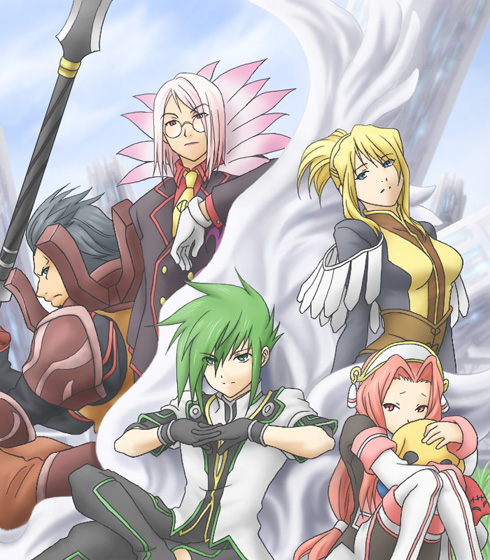 black_hair, blonde_hair, blue_eyes, dist, doll, glasses, gloves, green_eyes, green_hair, largo, legretta, long_hair, pantyhose, pink_hair, polearm, red_eyes, red_hair, redhead, spear, sync, tales_of_(series), tales_of_the_abyss, tempyou_kango, thighhighs, weapon