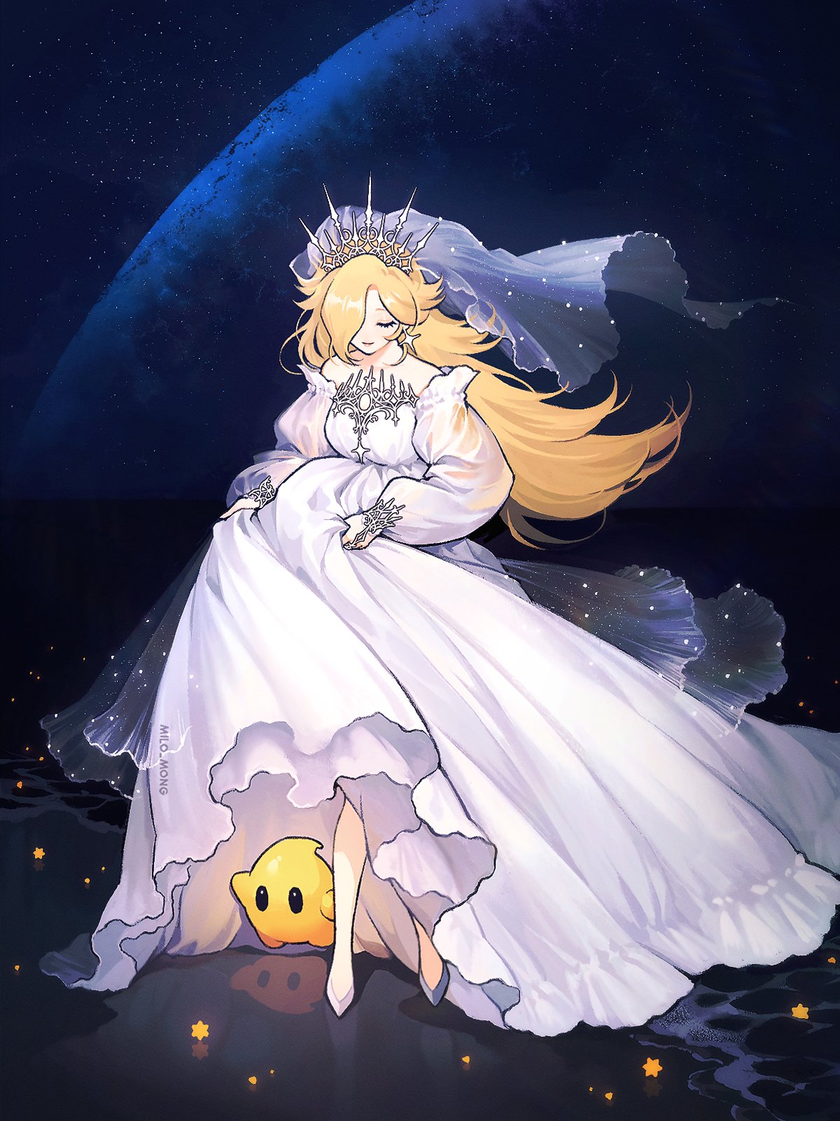 1girl, alternate_costume, bare_shoulders, blonde_hair, blue_background, breasts, closed_eyes, closed_mouth