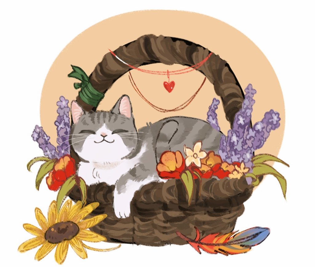 :3, ^_^, animal, animal_focus, anmitsu_(anmitsu40919780), basket, cat, closed_eyes