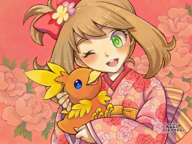 1girl, ;d, animal, art_academy_(medium), bird, bow, bow_flower, brown_hair, commentary_request, floral_print, floral_print_kimono, flower, green_eyes, hair_bow, holding, holding_animal, holding_bird, holding_pokemon, japanese_clothes, kimono, long_sleeves, may_(pokemon), medium_hair, one_eye_closed, one_side_up, open_mouth, pink_flower, pink_kimono, pokemon, pokemon_(creature), pokemon_oras, print_kimono, red_bow, saikachi_(ogre_tree), smile, teeth, torchic, upper_teeth_only, wide_sleeves, yellow_flower