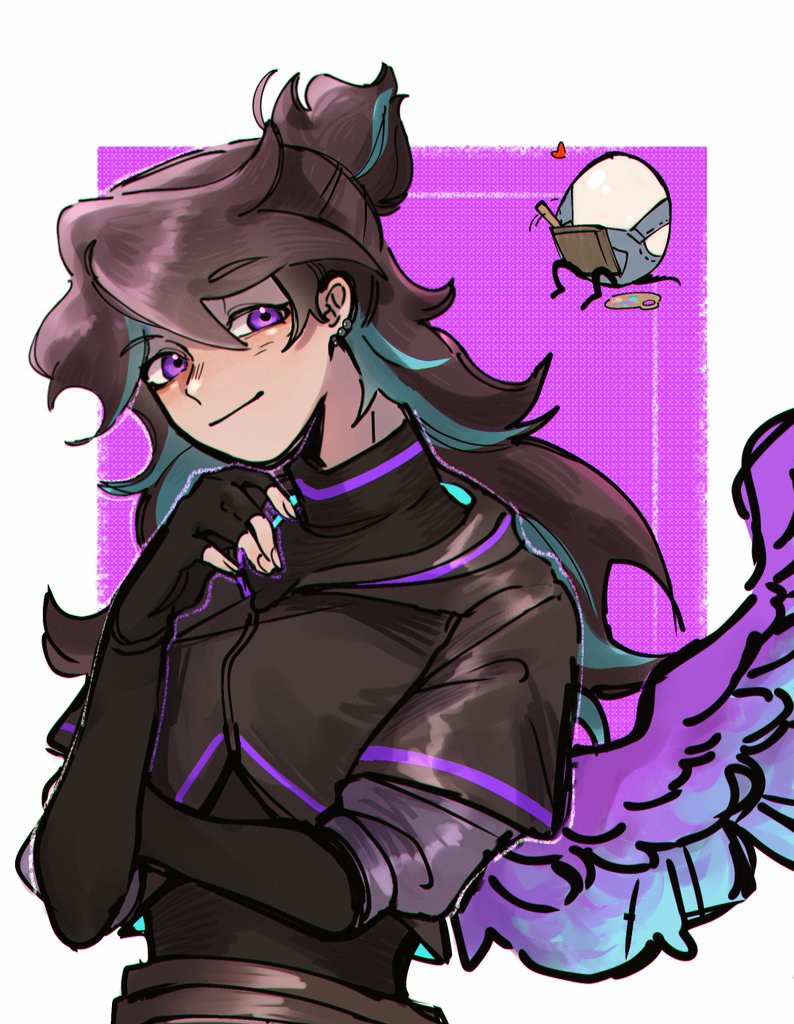 1girl, anmitsu_(anmitsu40919780), bird_girl, bird_wings, black_gloves, black_hair, black_hoodie, bobby_(quackity_smp), border, brown_hair, commentary, egg, elbow_gloves, english_commentary, fingerless_gloves, gloves, hood, hood_down, hoodie, jaiden_animations, long_hair, looking_at_viewer, minecraft_youtube, overalls, purple_background, purple_wings, quackity_smp, simple_background, smile, solo_focus, topknot, upper_body, very_long_hair, violet_eyes, virtual_youtuber, white_border, wild/card, wings