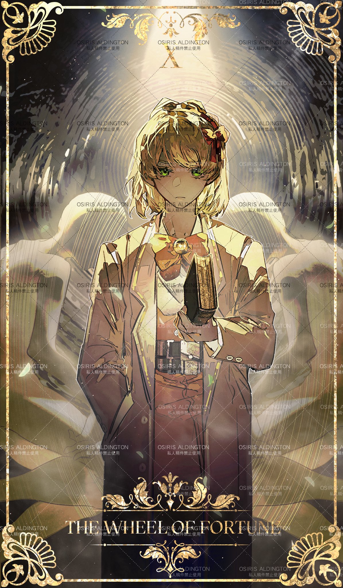 1girl, blonde_hair, book, bow, bowtie, braid, card_(medium), coat