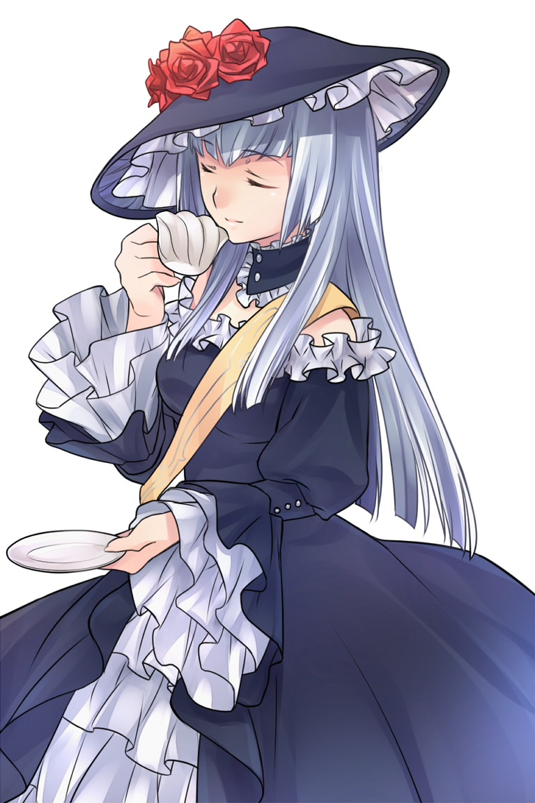 choker, closed_eyes, cup, dress, eyes_closed, flower, hat, hime_cut