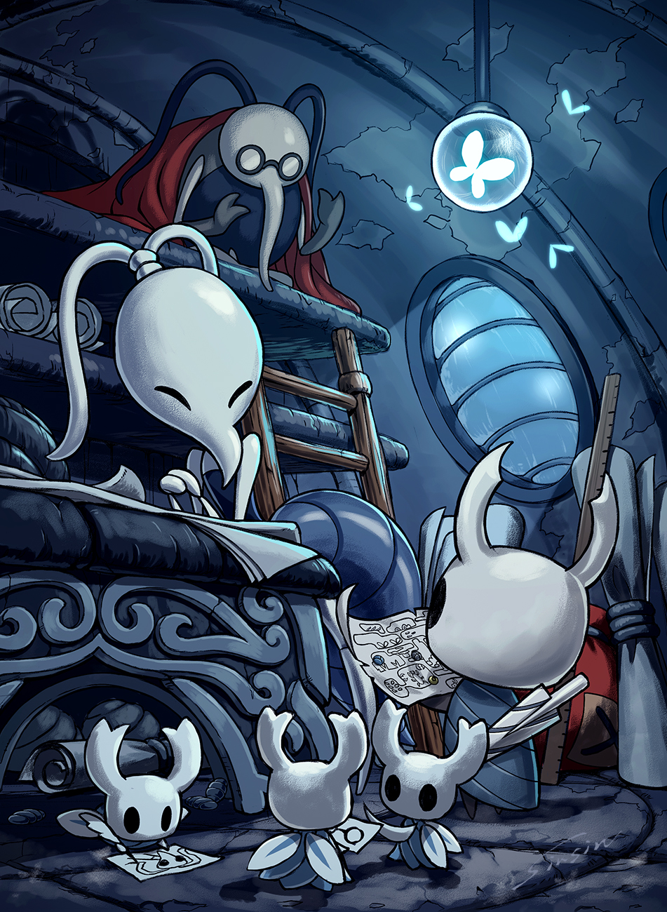 1boy, 1girl, 1other, antennae, bed, bug, butterfly, coiled_nail_(hollow_knight), commentary_request, cornifer, feathers, glasses, glowing_butterfly, highres, hollow_knight, indoors, iselda, knight_(hollow_knight), ladder, looking_at_another, looking_up, mamoru_mikokoro, map, nail_(hollow_knight), quill, revision, ruler, scroll, table, traditional_media, weapon, weapon_on_back, window, wings