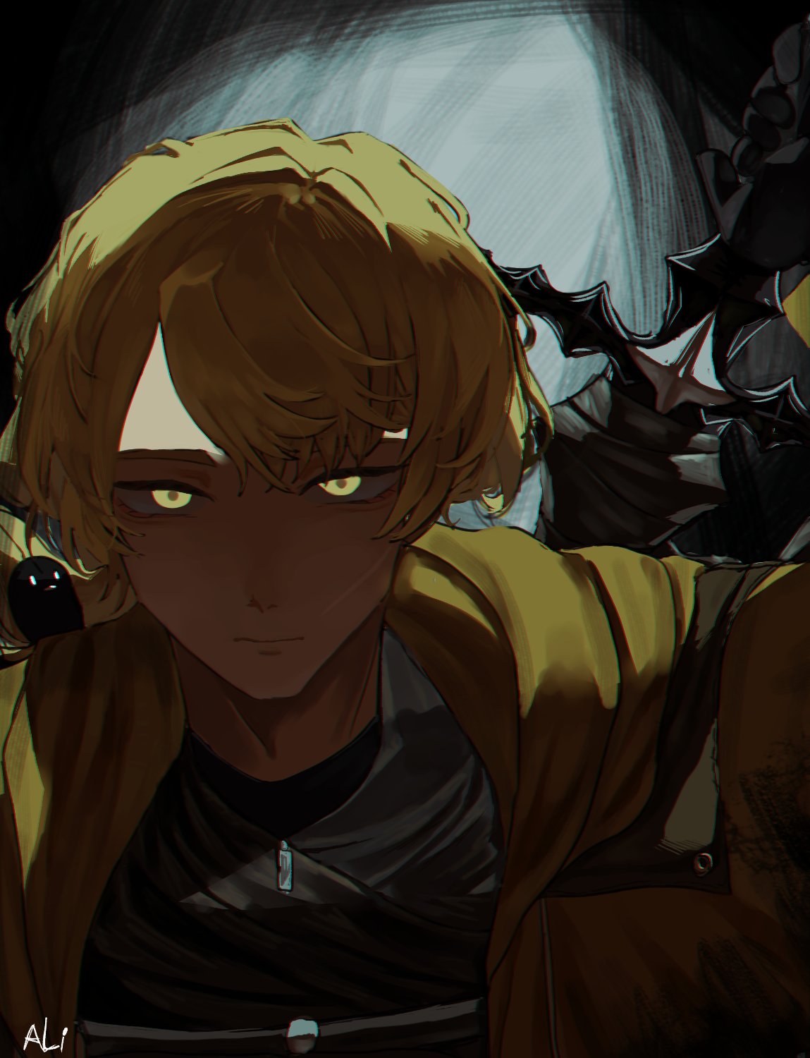 1boy, a_certain_sinclair_(project_moon), alitaba_art, animal_on_shoulder, bird, bird_on_shoulder, blonde_hair, claymore_(sword)