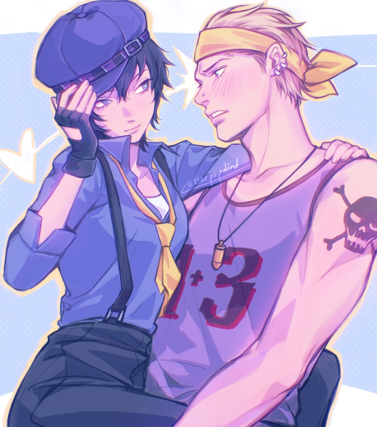1boy, 1girl, bare_shoulders, between_legs, black_gloves, black_pants, blonde_hair, blue_hair