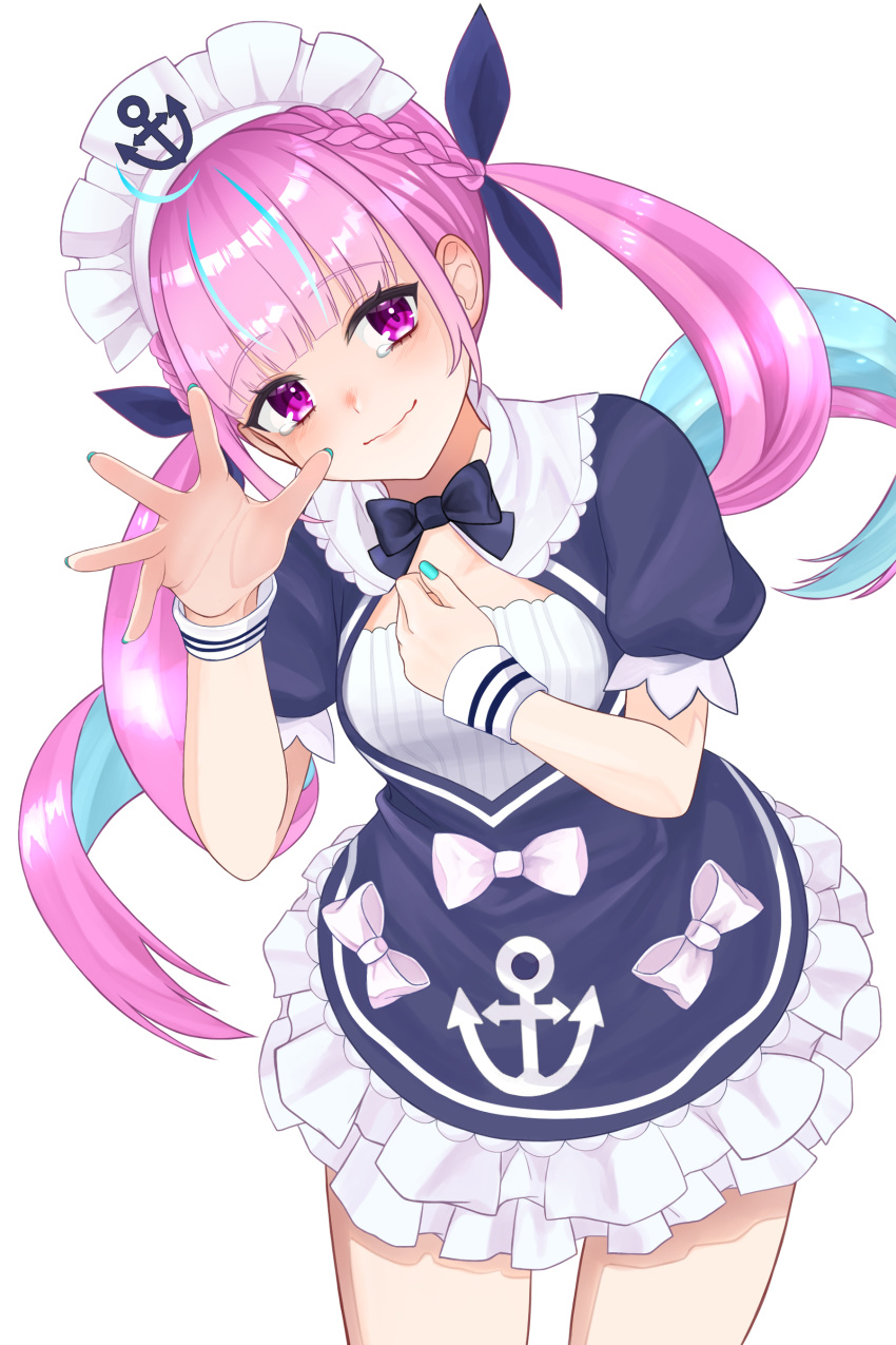 1girl, absurdres, blue_bow, blue_dress, blue_hair, blue_nails, bow, closed_mouth, commentary_request, dress, frilled_dress, frills, hair_bow, highres, hololive, hrk_itoshi, long_hair, maid_headdress, minato_aqua, minato_aqua_(1st_costume), multicolored_hair, nail_polish, pink_hair, smile, solo, tears, twintails, two-tone_hair, violet_eyes, virtual_youtuber, white_background