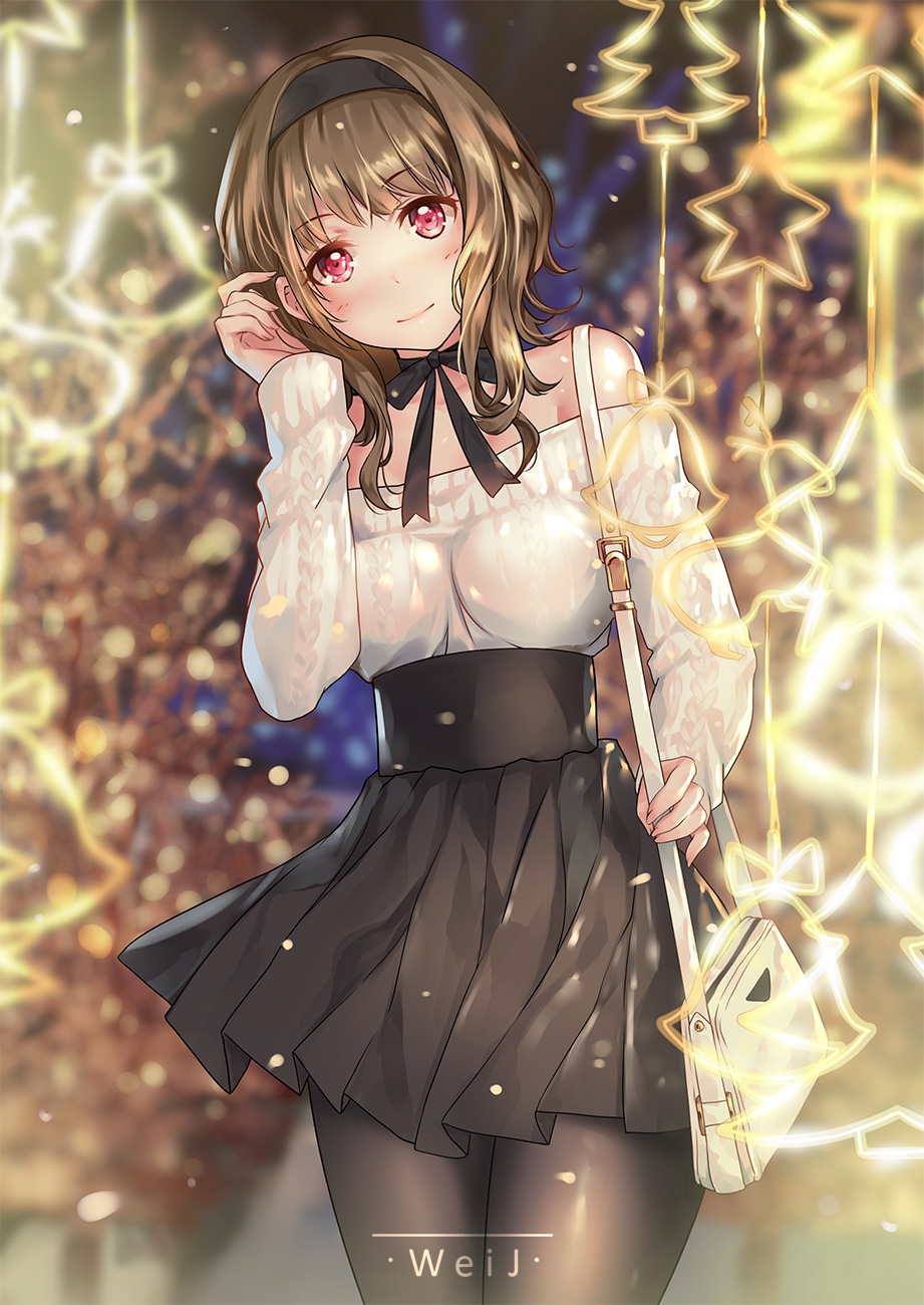 1girl, bag, bare_shoulders, black_hairband, black_pantyhose, black_ribbon, black_skirt, blurry