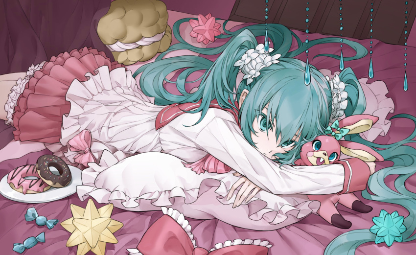 1girl, alternate_costume, aqua_eyes, aqua_hair, commentary, daokweok, doughnut, english_commentary, food, frilled_pillow, frills, hatsune_miku, highres, long_hair, long_sleeves, looking_at_viewer, lying, miniskirt, on_stomach, pillow, pink_sailor_collar, pink_skirt, sailor_collar, school_uniform, serafuku, shirt, skirt, solo, stuffed_animal, stuffed_toy, twintails, very_long_hair, vocaloid, white_shirt