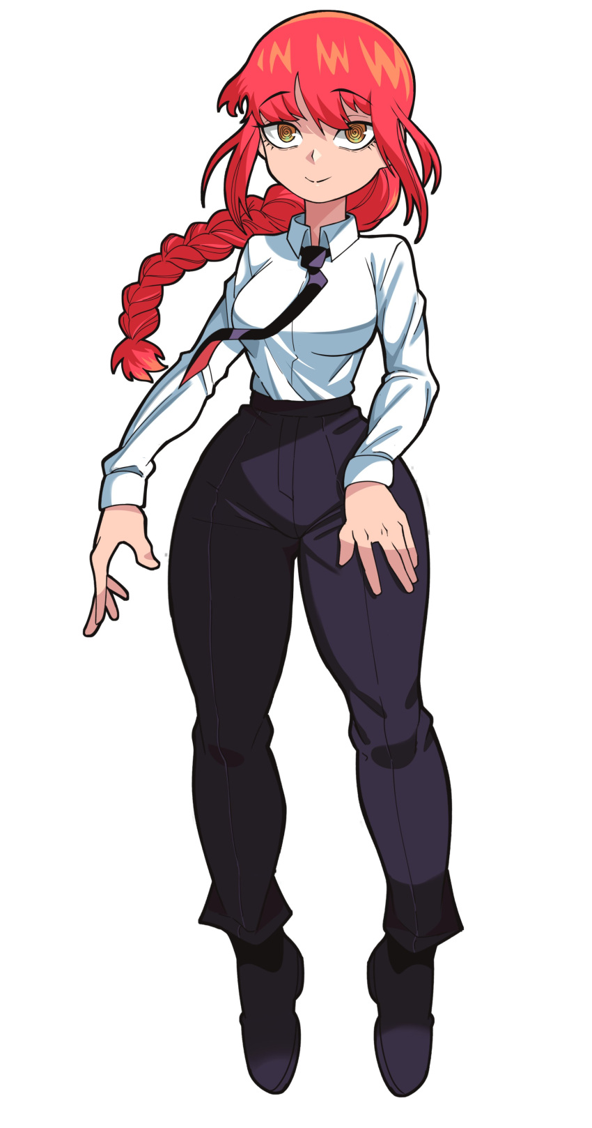 1girl, absurdres, black_necktie, black_pants, black_shoes, braid, braided_ponytail, breasts