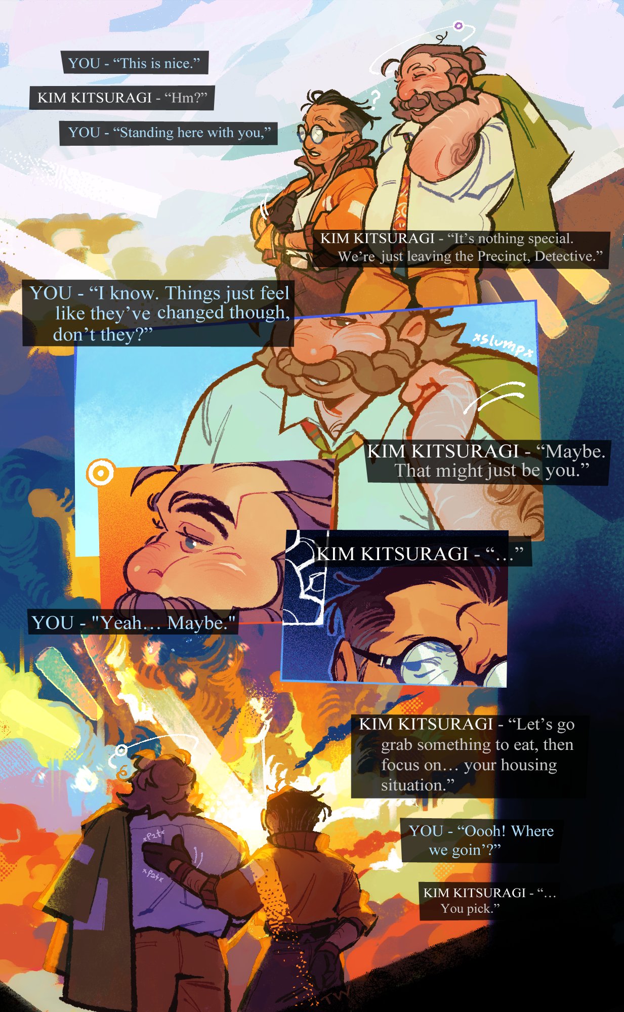 2boys, arm_hair, black_gloves, black_hair, blazer, bomber_jacket, brown_hair, collared_shirt, commentary, disco_elysium, english_commentary, english_text, facial_hair, game_screenshot_inset, glasses, gloves, hand_on_another's_back, harry_du_bois, highres, holding, holding_jacket, holding_unworn_clothes, jacket, kim_kitsuragi, male_focus, multiple_boys, mustache, mutton_chops, necktie, orange_jacket, orange_necktie, outdoors, patting_back, screenshot_inset, shirt, short_hair, source_quote, sunset, time_woods, unworn_blazer, unworn_jacket, walking, white_shirt