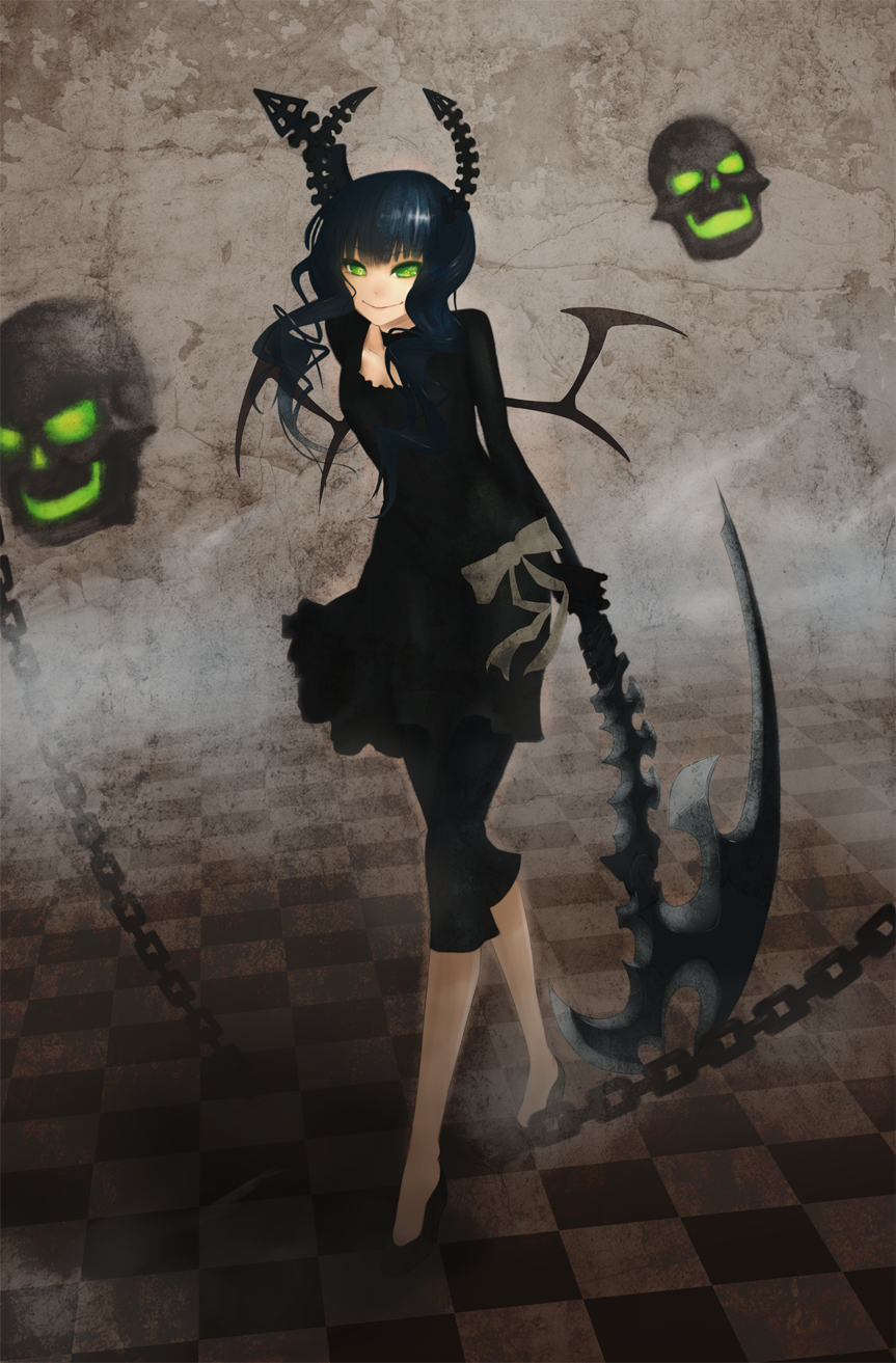 black_hair, black_rock_shooter, black_rock_shooter_, chain, chains, checkered, checkered_floor, ciev