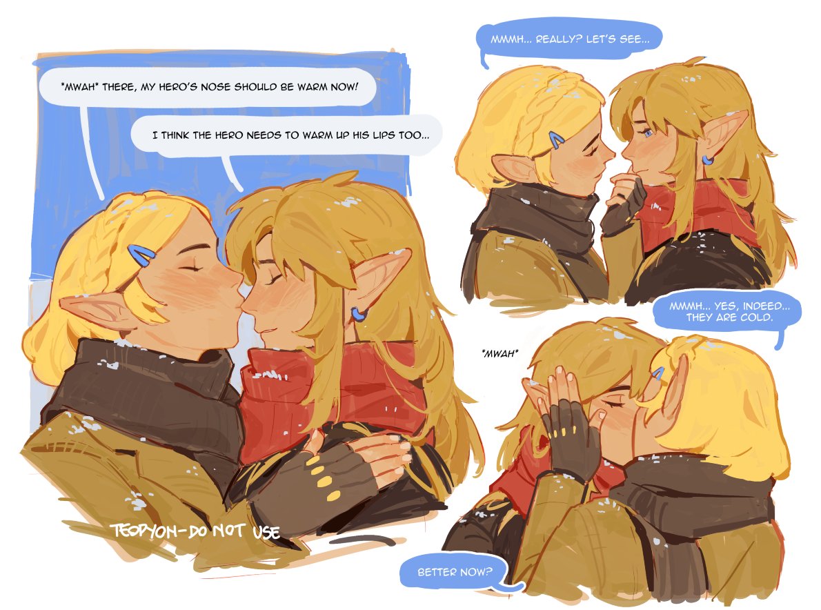 1boy, 1girl, artist_name, black_scarf, black_sweater, blonde_hair, blue_eyes, blush
