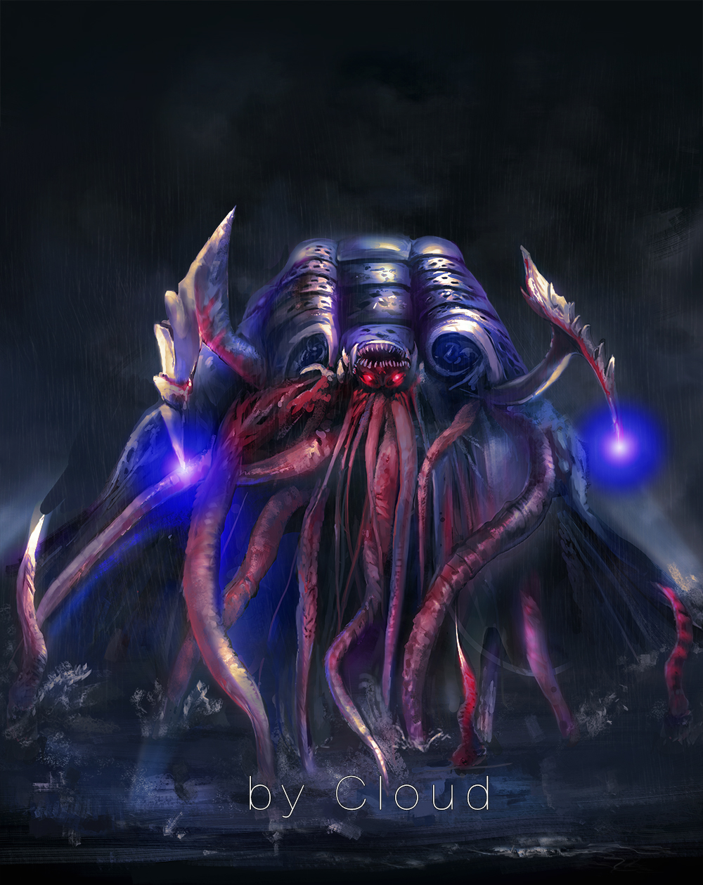 artist_name, commentary_request, cthulhu_mythos, eldritch_abomination, gatanothor, giant, giant_monster, glowing, glowing_eyes, highres, kaiju, no_humans, ocean, open_mouth, rain, red_eyes, sharp_teeth, solo, teeth, tentacles, tokusatsu, ultra_series, ultraman_tiga_(series), zerocox