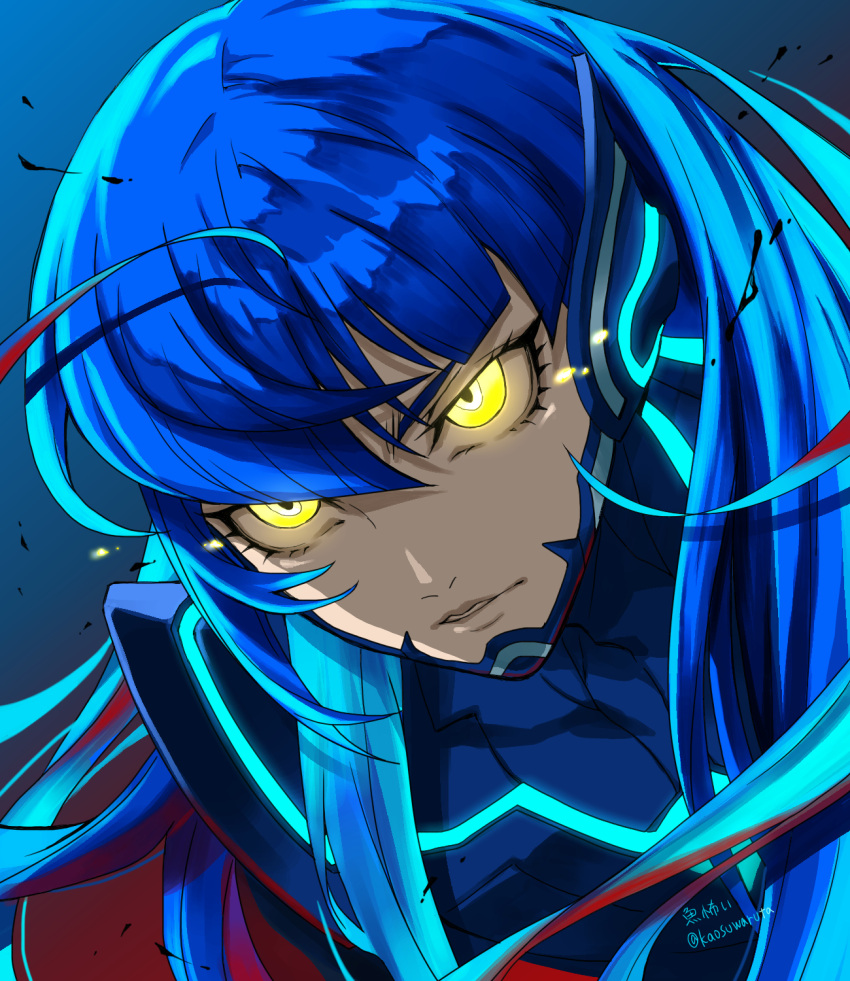 1boy, armor, black_bodysuit, blue_bodysuit, bodysuit, bowl_cut, closed_mouth, commentary_request