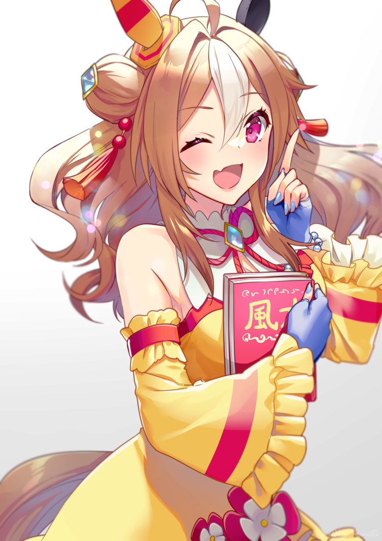 1girl, ahoge, akatsuki_(kuon), animal_ears, blue_gloves, blue_nails, blush, book