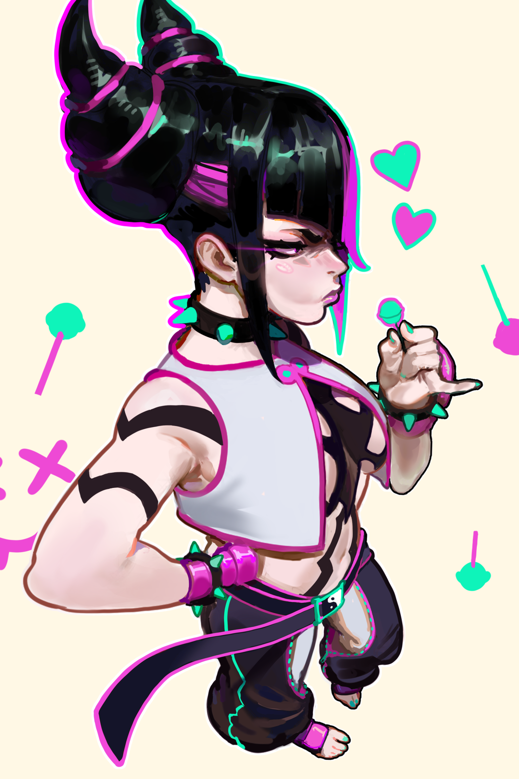 1girl, baggy_pants, black_hair, bracelet, breasts, candy, collar, commentary, diagonal_bangs, english_commentary, fingerless_gloves, food, from_above, from_side, frown, full_body, gloves, glowing, glowing_eye, graffiti, hair_horns, han_juri, hand_on_own_hip, heart, highres, holding, holding_candy, holding_food, holding_lollipop, jewelry, light_blush, lips, lollipop, medium_breasts, multicolored_hair, nail_polish, navel, nero_(neroartbox), panties_over_leggings, pants, pink_lips, pinky_out, revision, simple_background, solo, spiked_bracelet, spiked_collar, spikes, street_fighter, street_fighter_6, toeless_legwear, violet_eyes, x_x