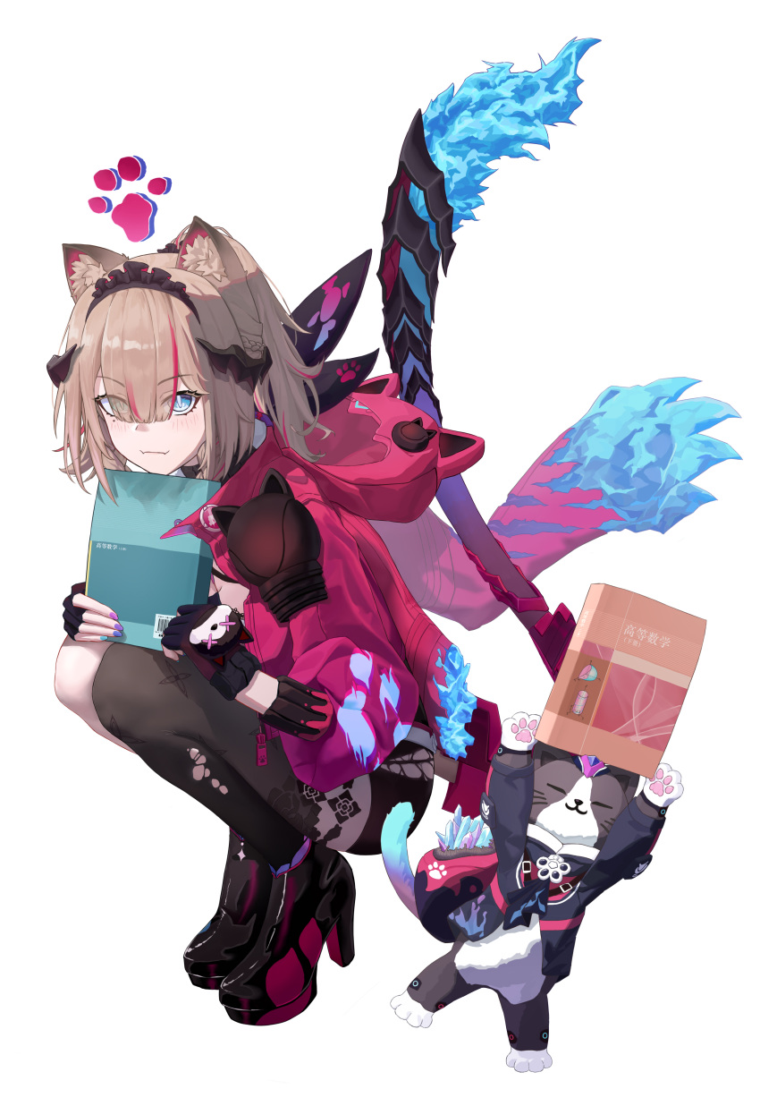 1girl, absurdres, animal_ear_fluff, animal_ears, black_boots, black_gloves, black_thighhighs, blue_eyes, blunt_bangs, book, boots, brown_hair, can_(honkai_impact), cat, cat_ears, cat_girl, cat_tail, chinese_commentary, commentary_request, eyes_visible_through_hair, fingerless_gloves, gloves, green_eyes, hetero, high_heel_boots, high_heels, highres, holding, holding_book, honkai_(series), honkai_impact_3rd, hood, hooded_jacket, iqwe, jacket, looking_at_viewer, official_alternate_costume, pardofelis, pardofelis_(spectral_claws), pink_jacket, short_hair, simple_background, single_thighhigh, tail, thigh-highs, torn_clothes, torn_thighhighs, white_background