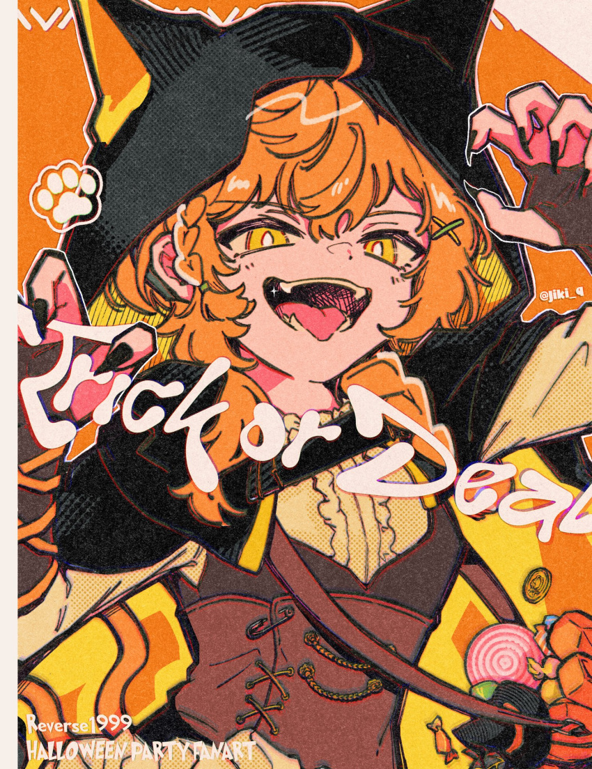 1girl, animal_hood, bag, black_hood, black_nails, black_vest, braid, brown_corset, candy, cat_hood, center_frills, character_request, claw_pose, commentary, copyright_name, corset, english_commentary, english_text, fingerless_gloves, fingernails, food, frills, gloves, hair_ornament, hair_tie, halloween, hat, highres, hood, jiki_(jiki_9), leather_corset, lollipop, long_sleeves, looking_at_viewer, open_mouth, orange_hair, reverse:1999, satchel, sharp_fingernails, shirt, single_braid, solo, swirl_lollipop, trick_or_treat, twitter_username, upper_body, vest, white_shirt, witch_hat, wrapped_candy, x_hair_ornament, yellow_eyes