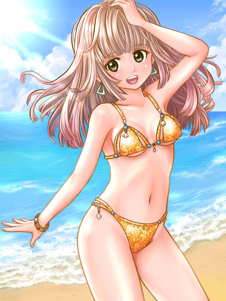 beach, bikini, bracelet, brown_hair, earrings, green_eyes, jewelry, long_hair, original, swimsuit, t.o.p, yellow_eyes