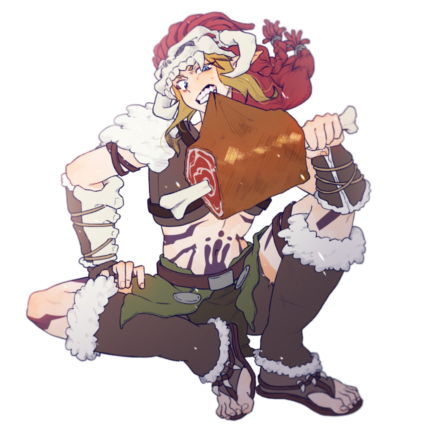 1boy, barbarian, barbarian_set_(zelda), blonde_hair, blue_eyes, body_markings, food, food_in_mouth, highres, holding, holding_food, link, male_focus, meat, official_alternate_costume, pointy_ears, red_hair, seeckgo, sidelocks, sitting, skull_on_head, solo, stomach_tattoo, tattoo, teeth, the_legend_of_zelda, the_legend_of_zelda:_breath_of_the_wild, the_legend_of_zelda:_tears_of_the_kingdom