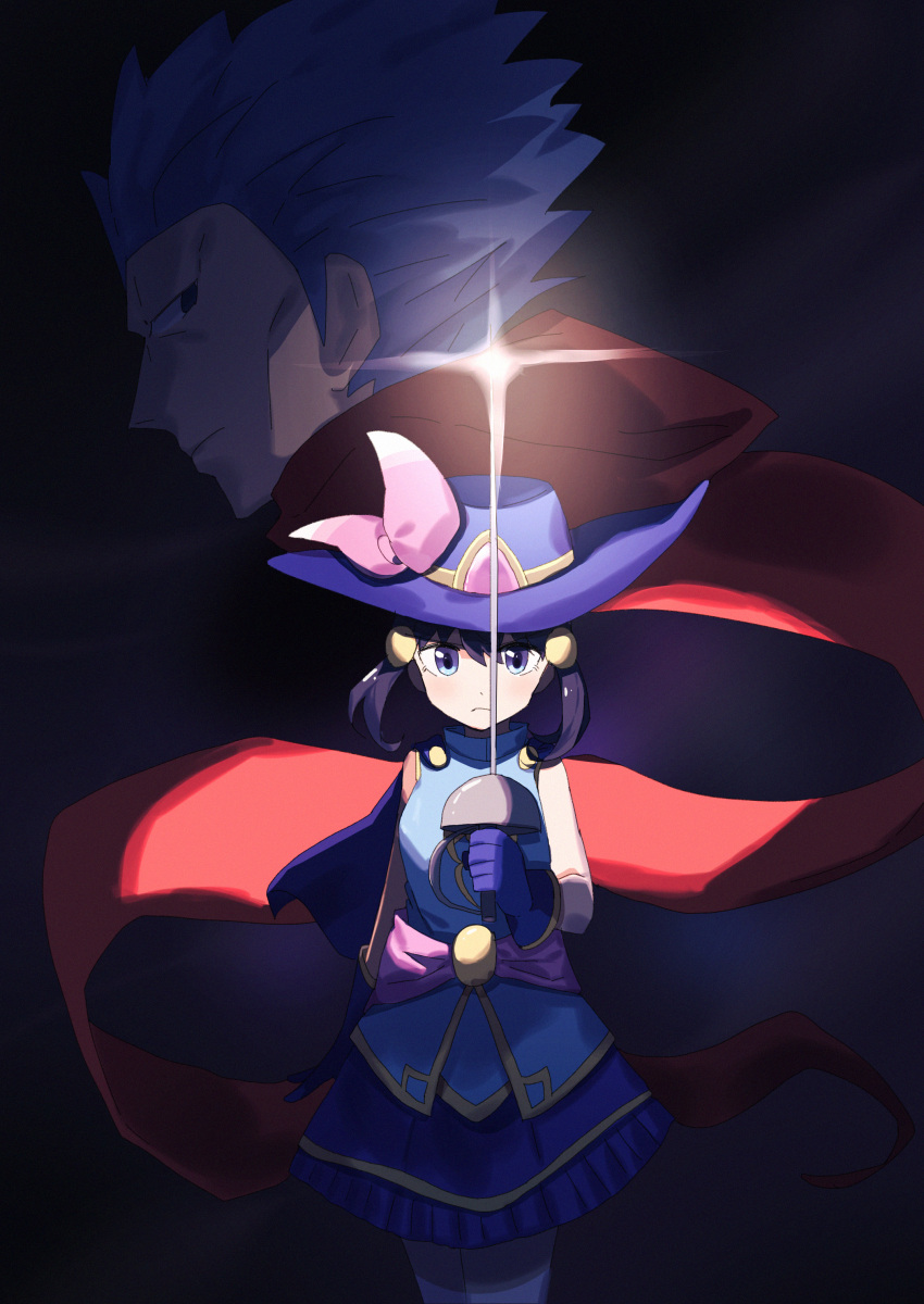1boy, 1girl, absurdres, azkore, blue_capelet, blue_eyes, blue_gloves, blue_hair, blue_hat, capelet, commentary_request, cyrus_(pokemon), cyrus_(sygna_suit)_(pokemon), dawn_(sygna_suit)_(pokemon), gloves, hat, highres, hikari_(pokemon), holding, holding_sword, holding_weapon, looking_at_viewer, official_alternate_costume, pokemon, pokemon_masters_ex, rapier, red_scarf, scarf, sparkle, sword, weapon