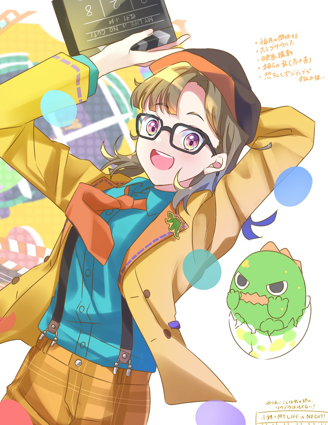 18trip, 1girl, :d, black-framed_eyewear, black_hat, blazer, blue_shirt, brown_hair