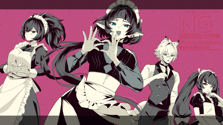 1boy, 3girls, absurdres, alternate_costume, animal_ears, apron, blunt_bangs, bow