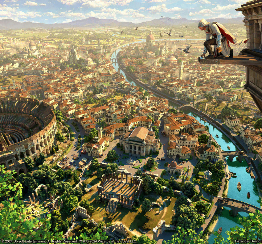 1boy, alexander_gerig, arena, artist_name, assassin's_creed:_brotherhood, assassin's_creed_(series), bird, boots
