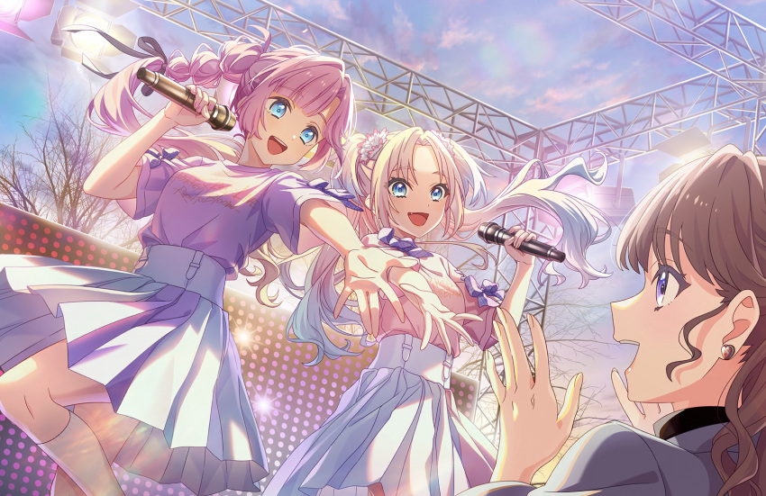3girls, :d, ahoge, anyoji_hime, blonde_hair, blue_eyes, blue_hair, breasts, brown_hair, curtained_hair, earrings, echoes_beyond_(love_live!), eye_contact, fang, flower, fujishima_megumi, fujishima_megumi_(post-graduation), game_cg, gradient_hair, hair_flower, hair_ornament, heart, heart_earrings, highres, holding, holding_microphone, jewelry, kneehighs, link!_like!_love_live!, long_hair, looking_at_another, love_live!, medium_breasts, medium_skirt, microphone, mira-cra_park!, multi-tied_hair, multicolored_hair, multiple_girls, music, non-web_source, official_art, open_mouth, osawa_rurino, outdoors, parted_bangs, pink_flower, pink_hair, pink_shirt, pink_skirt, pleated_skirt, ponytail, purple_shirt, purple_skirt, shirt, short_sleeves, singing, skirt, smile, socks, stage, twintails, virtual_youtuber, white_socks