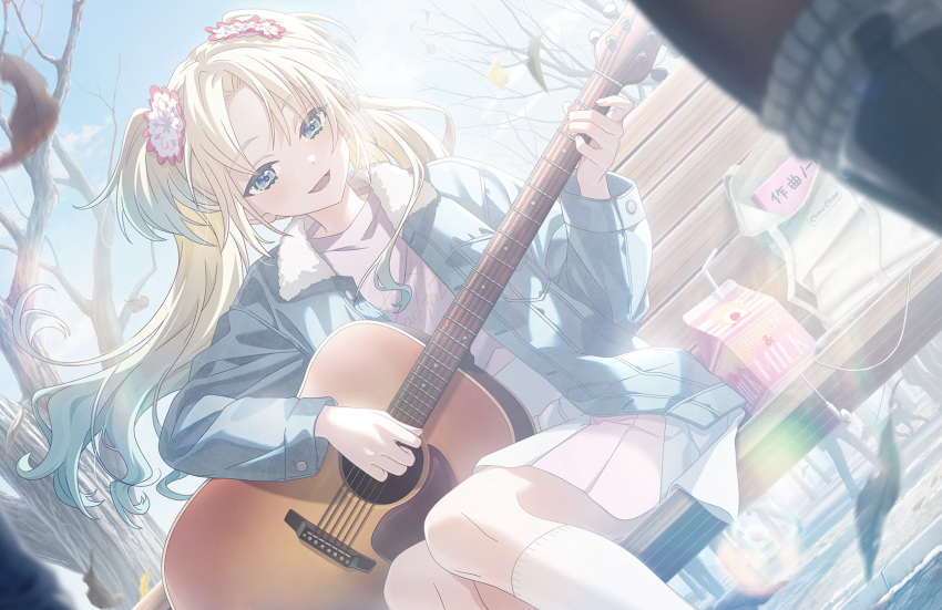 2girls, acoustic_guitar, bare_tree, blonde_hair, blue_hair, blue_jacket, curtained_hair, dutch_angle, earphones_removed, echoes_beyond_(love_live!), fang, flower, fur-trimmed_jacket, fur_trim, game_cg, gradient_hair, guitar, hair_flower, hair_ornament, highres, instrument, jacket, kneehighs, link!_like!_love_live!, long_sleeves, love_live!, multicolored_hair, multiple_girls, music, non-web_source, official_art, open_clothes, open_jacket, open_mouth, osawa_rurino, outdoors, parted_bangs, pink_flower, pink_shirt, pink_skirt, playing_guitar, playing_instrument, pleated_skirt, shirt, sitting, skirt, socks, solo_focus, strawberry_milk, tree, twintails, virtual_youtuber, winter